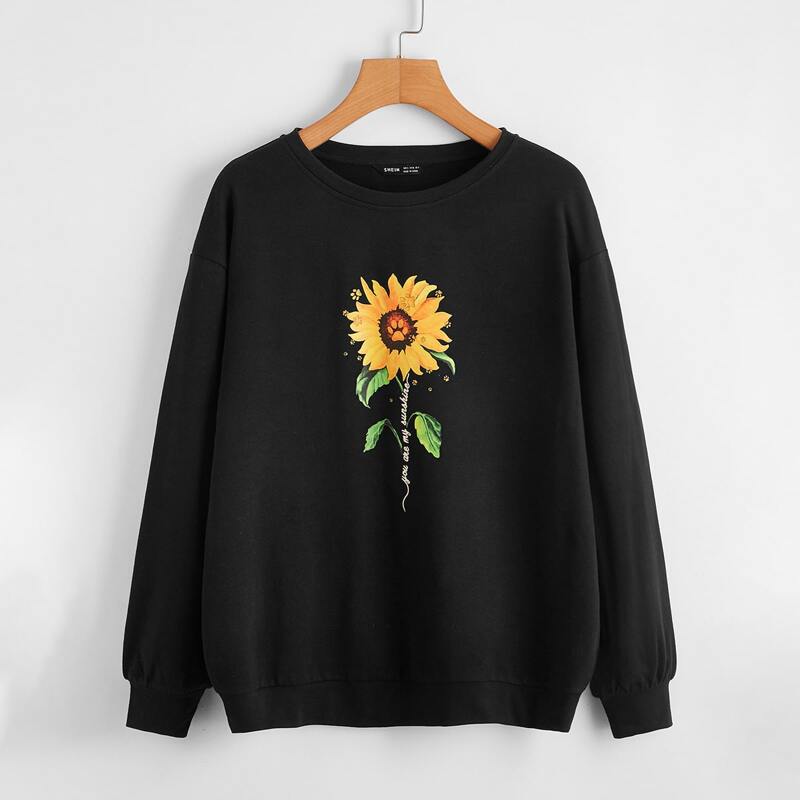 

Sunflower & Slogan Graphic Pullover, Black