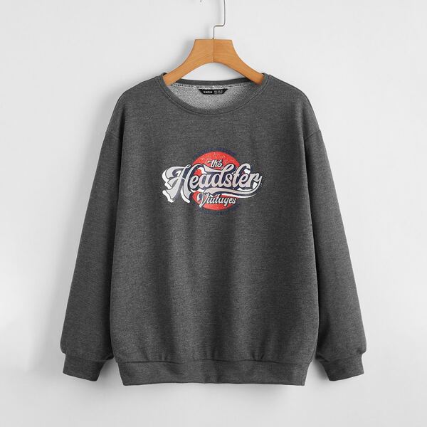 

Slogan Graphic Drop Shoulder Pullover, Dark grey
