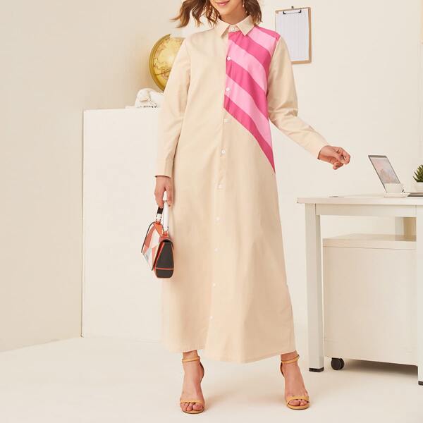 

Diagonal Striped Colorblock Shirt Dress, Beige