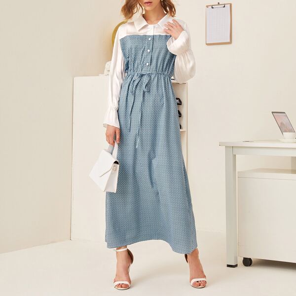 

Geo Print Drawstring Shirt Dress, Dusty blue