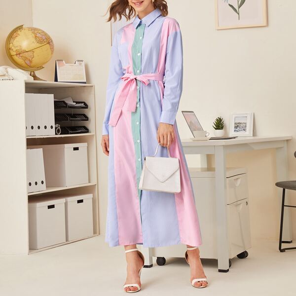 

Pinstriped Cut And Sew Shirt Dress, Multicolor
