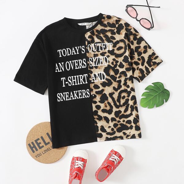 

Girls Leopard & Slogan Graphic Spliced Tee, Multicolor