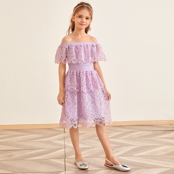 

Girls Off Shoulder Guipure Lace Dress, Pastel lilac purple