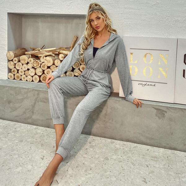 

Half Zipper Drawstring Hooded Jumpsuit, Grey