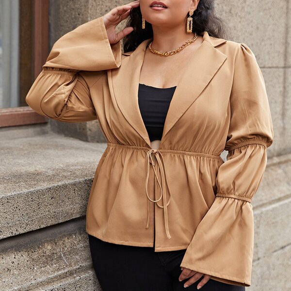 

Plus Gathered Flounce Sleeve Tie Front Blazer, Camel