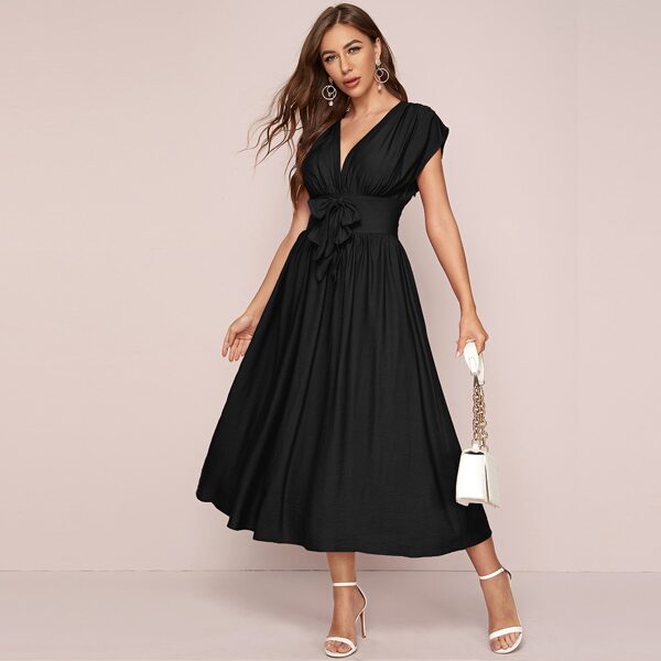 

Ruched Bust Knot Wide Waistband Dress, Black