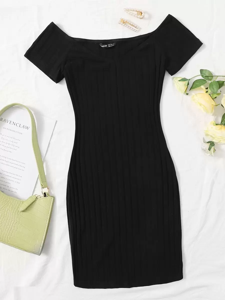 SHEIN EZwear Off Shoulder Bodycon Dress - Black - View 1