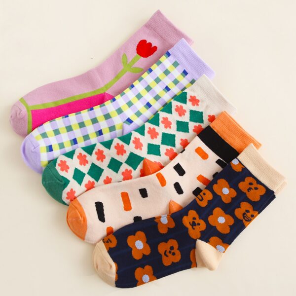 

5pairs Flower Pattern Socks, Multicolor