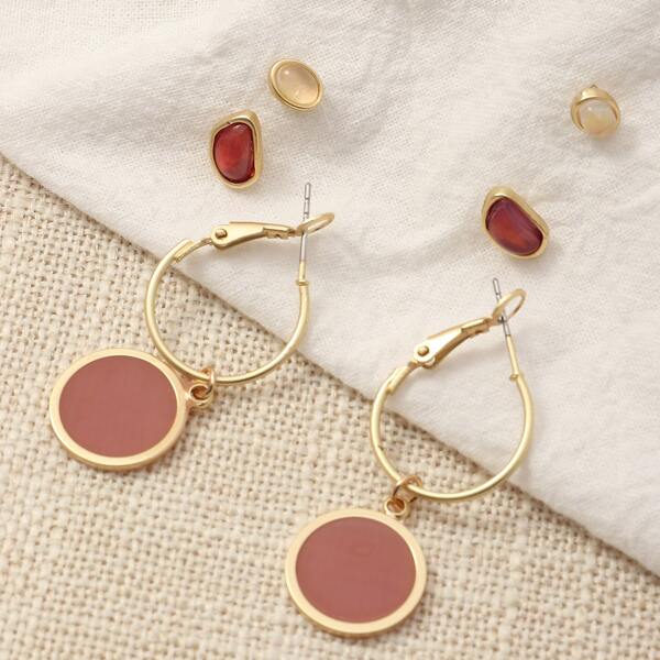 

3pairs Round Charm Earrings, Multicolor