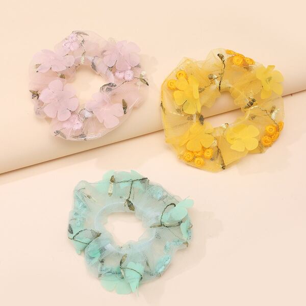 

3pcs Flower Pattern Mesh Scrunchie, Multicolor