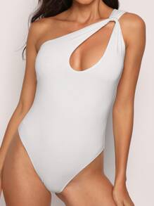 SHEIN Privé 單肩鏤空結飾細節連體衣 - 白色 - 查看 6