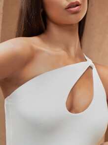 SHEIN Privé 單肩鏤空結飾細節連體衣 - 白色 - 查看 7