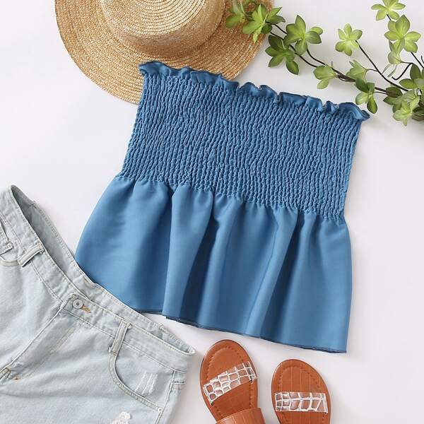 

Plus Frill Trim Shirred Denim Tube Top, Medium wash