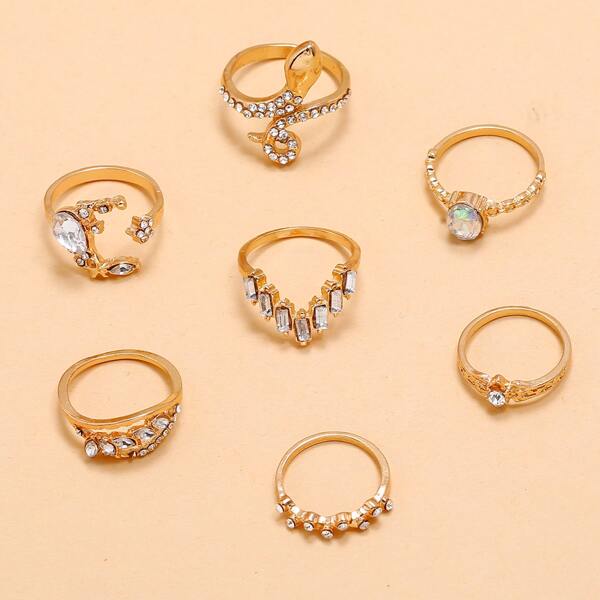 

7pcs Rhinestone Inlaid Multi-shaped Ring, Gold