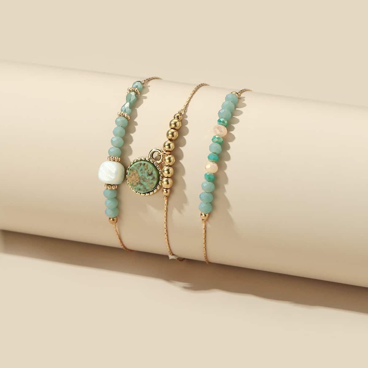 

3pcs Round Charm Beaded Bracelet, Gold