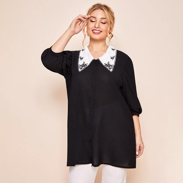

Plus Contrast Embroidery Collar Longline Blouse, Black