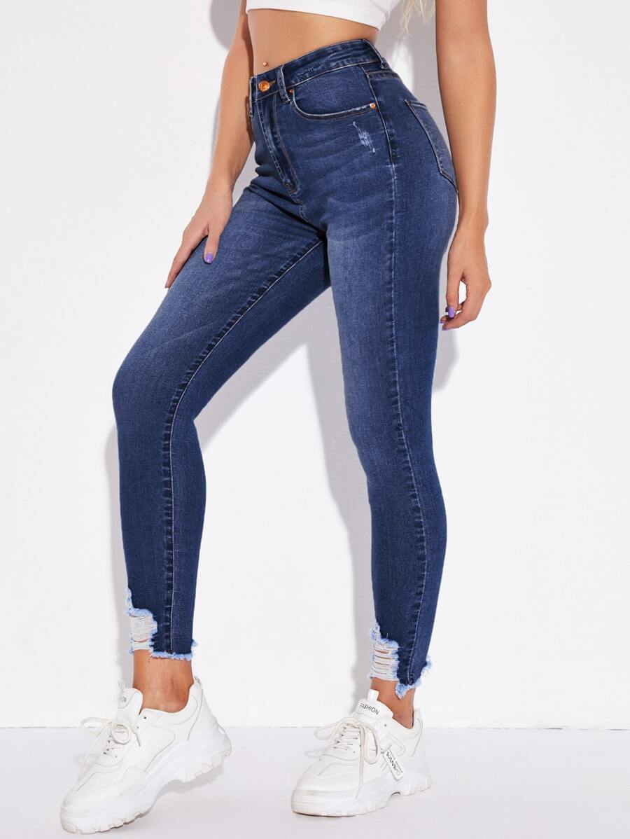 SHEIN Essnce Jeans ajustados rotos bajo crudo - Azul lavado oscuro - Ver 1