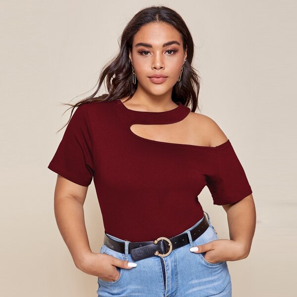 

Plus Asymmetric Neck Solid Tee, Burgundy