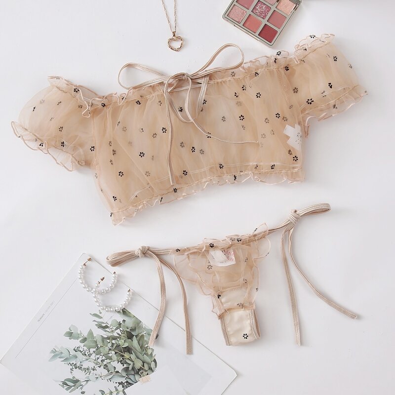 

Lettuce Trim Drawstring Mesh Lingerie Set, Khaki