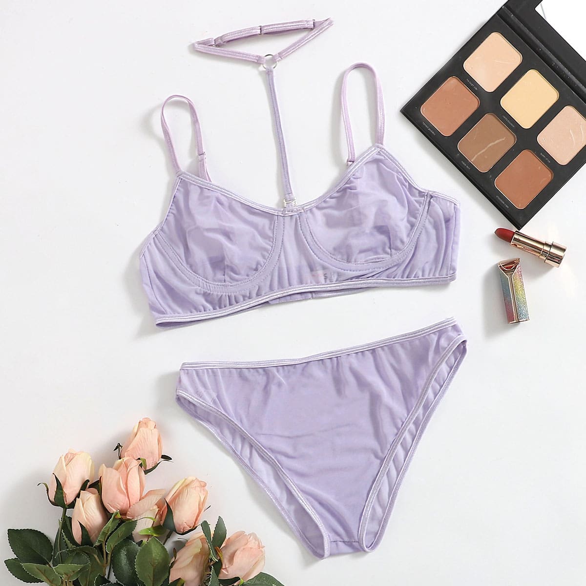 

Mesh Underwire Lingerie Set With Choker, Pastel lilac purple