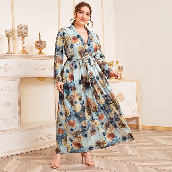 

Plus Floral Surplice Shawl Collar Belted Maxi Dress, Multicolor