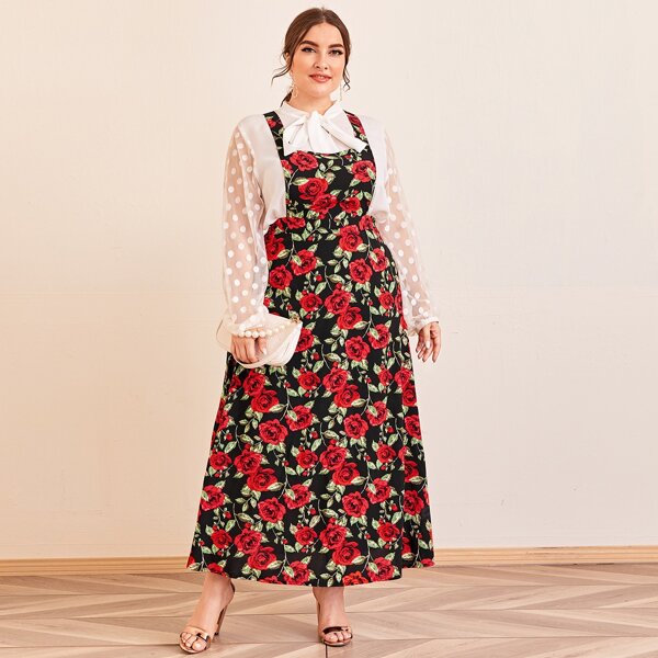 

Plus Allover Rose Print Overall Dress Without Blouse, Multicolor