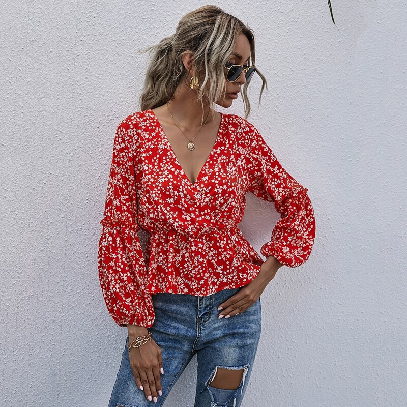 

Ditsy Floral Surplice Front Peplum Blouse, Red