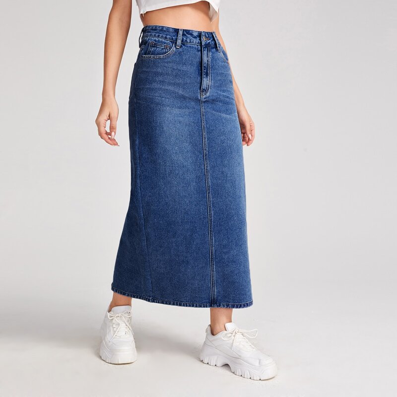 

Slant Pocket Split Hem Denim Skirt, Medium wash