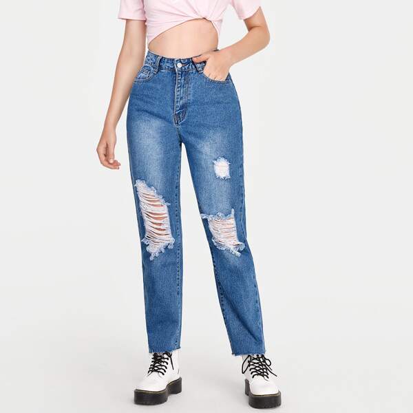 

Raw Hem Slant Pocket Ripped Jeans, Medium wash