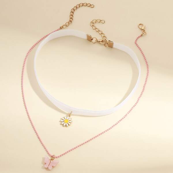 

2pcs Girls Butterfly & Daisy Charm Necklace, Multicolor