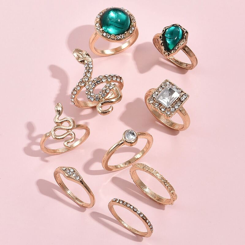 

9pcs Rhinestone Decor Geometric Ring, Gold