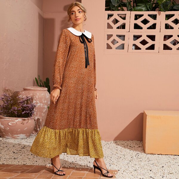 

Peter Pan Collar Ditsy Floral Smock Dress, Burnt orange