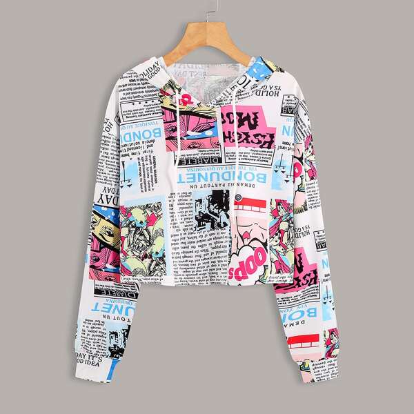 

Pop Art Print Drawstring Hooded Sweatshirt, Multicolor