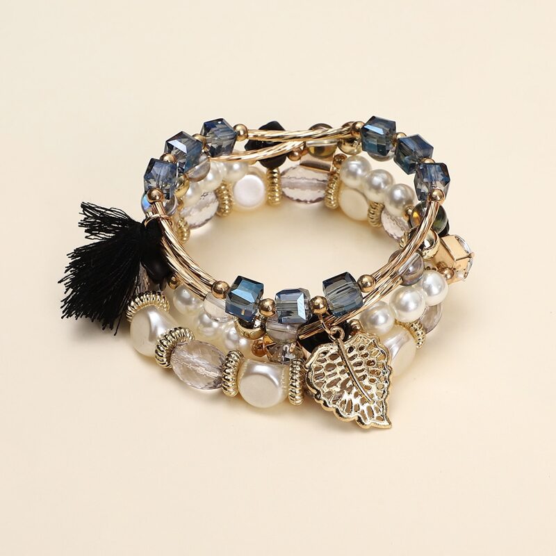 

4pcs Tassel & Leaf Charm Bracelet, Multicolor