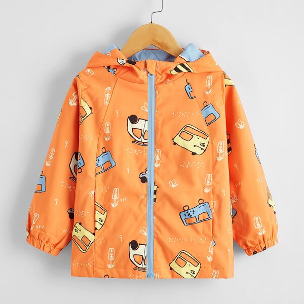 

Toddler Boys Car Print Hooded Windbreaker Jacket, Orange
