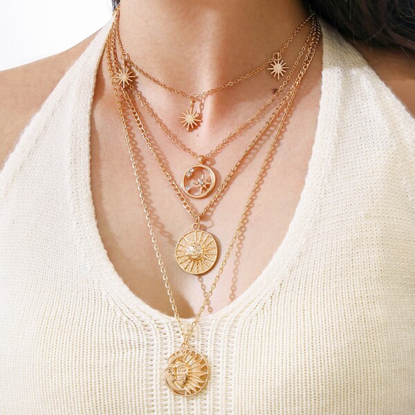 

4pcs Hollow Out Sun Design Necklace, Gold