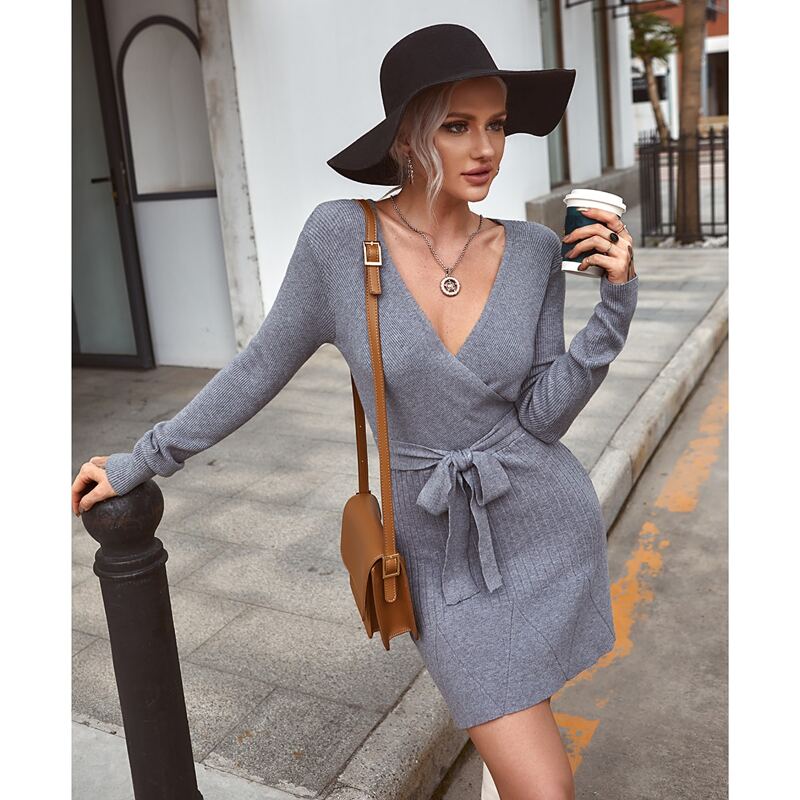 

Surplice Front Belted Solid Sweater Dress, Grey