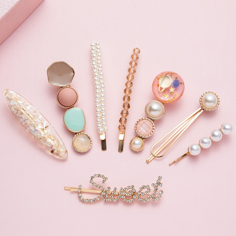 

8pcs Acrylic Faux Pearl Rhinestone Decor Hair Clip, Multicolor