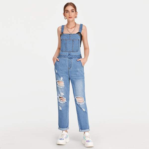 

Slant Pocket Ripped Denim Overalls, Light wash