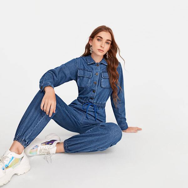 

Button Front Drawstring Waist Denim Jumpsuit, Medium wash