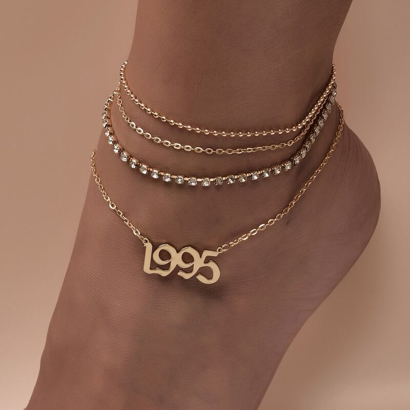 

4pcs Rhinestone & Number Decor Anklet, Gold
