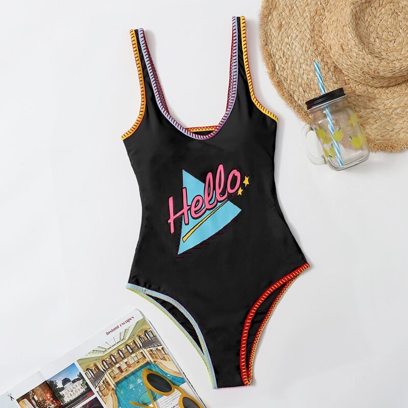 

Letter Graphic Whip Stitch One Piece Swimsuit, Black