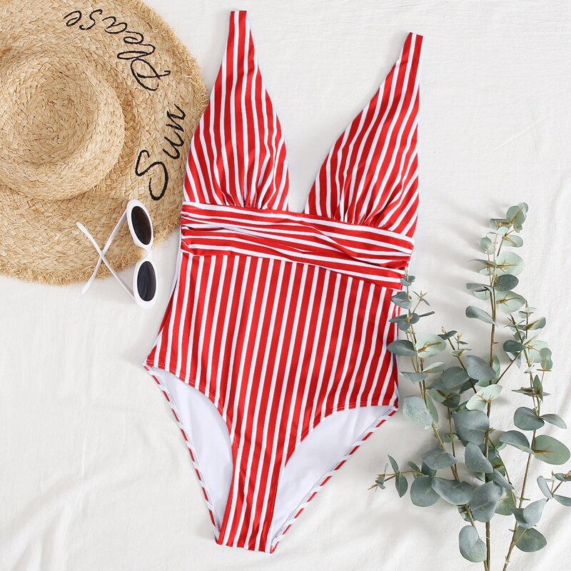

Striped One Piece Swimsuit, Red and white