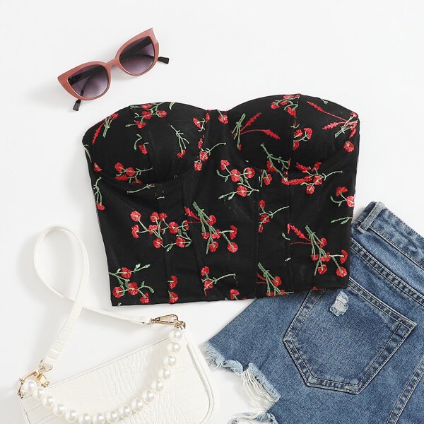 

Floral Embroidery Tube Top, Black