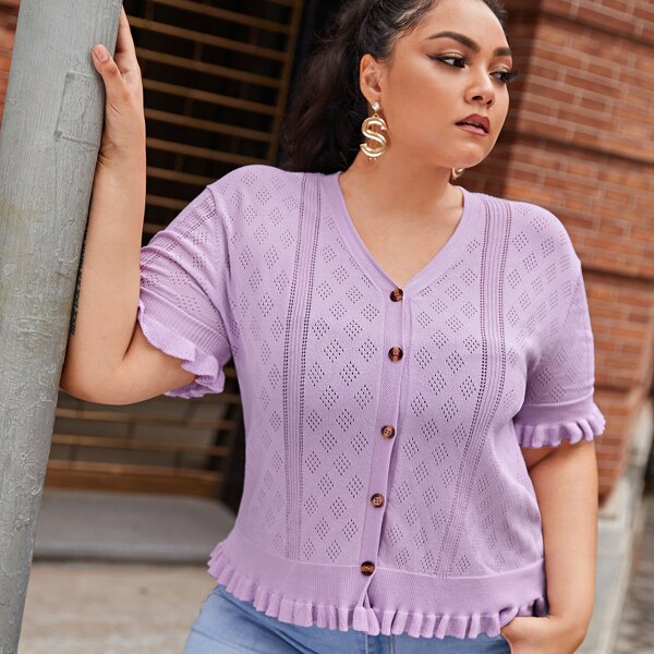 

Plus Ruffle Trim Button Up Pointelle Knit Cardigan, Lilac purple