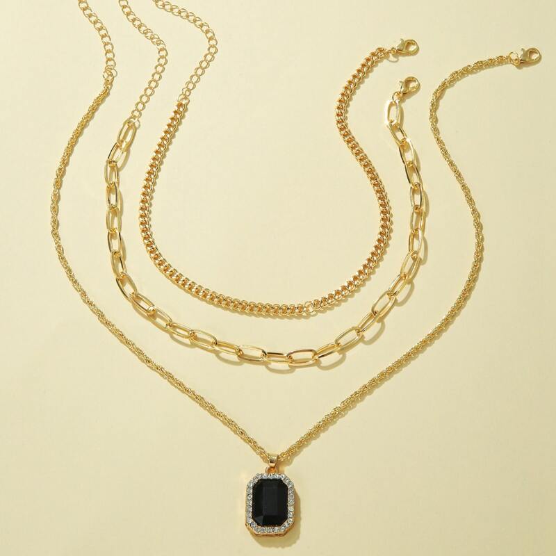 

3pcs Gemstone Decor Geometric Charm Necklace, Gold