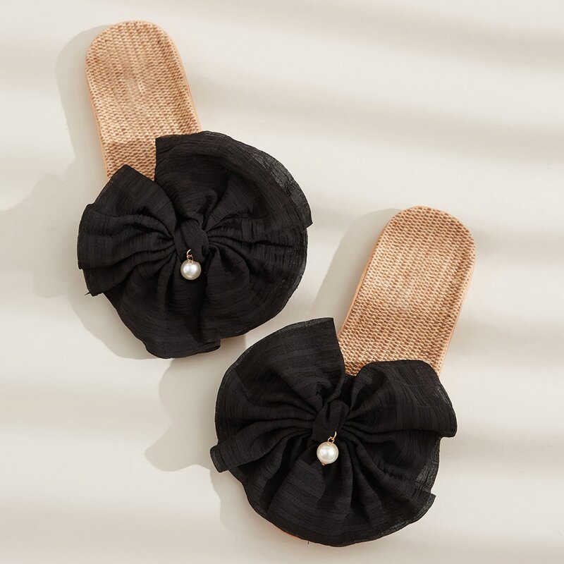 

Faux Pearl & Bow Decor Slippers, Black