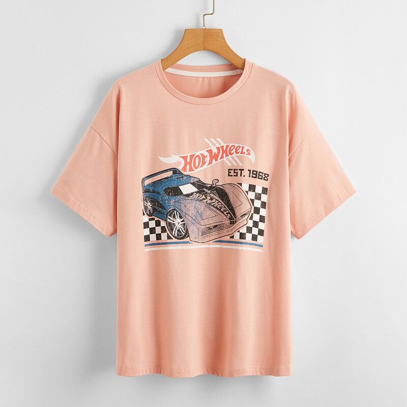 

Car & Letter Graphic Oversized Tee, Coral orange