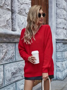 SHEIN LUNE Solid Rib-Knit Drop Shoulder Sweater
