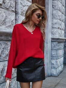 SHEIN LUNE Solid Rib-Knit Drop Shoulder Sweater